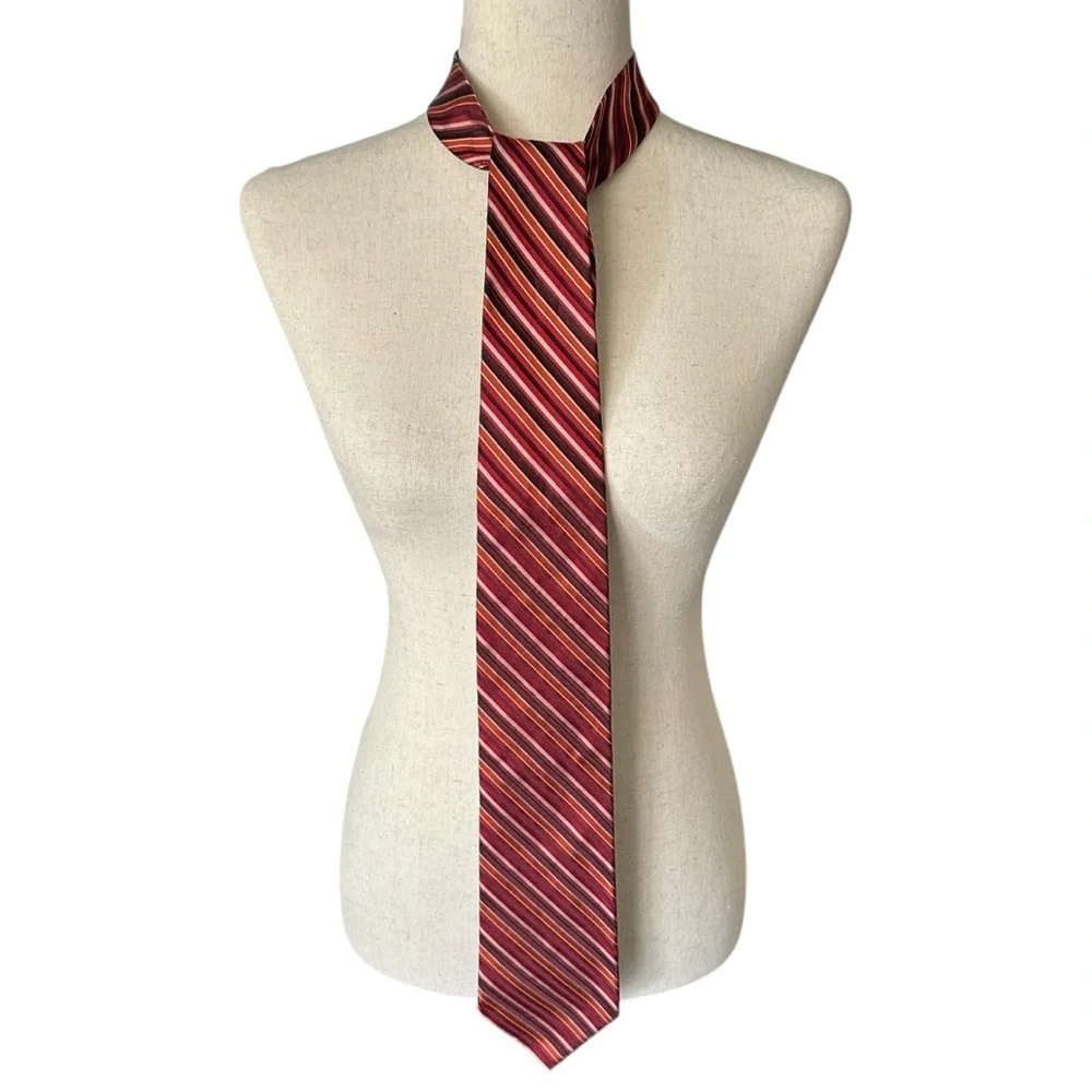 DKNY Men's Striped Silk Tie Red Orange Burgundy Classic Length